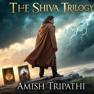 Book cover illustration for The Shiva Trilogy by Amish Tripathi. Central figure in brown robe, turbulent sky backdrop. Title and author name prominent, with smaller images of individual volumes.