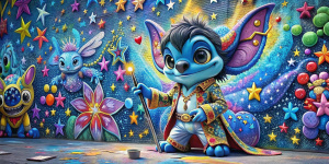 Un render 3D de una obra de arte de estilo graffiti. La obra de arte representa a Stitch de Disney como un artista talentoso y con el nombre "VANESSA" en frente. Stitch está vestido con uno de los trajes de escenario icónicos de Elvis Presley. Está esbozando hábilmente  con un pincel vibrante y transparente lleno de una deslumbrante variedad de estrellas de colores que abarcan todo el MURAL del . Cada letra del nombre palpita con vida, encarnando el flujo ilimitado de la creatividad. Stitch