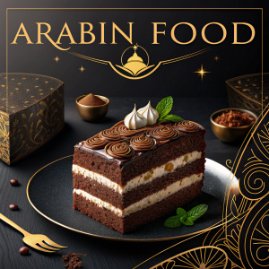Website for Arabin Food featuring a multi-layered chocolate cake with a creamy filling. Dark background with gold accents, logo visible. Menu options and cake close-up shown.