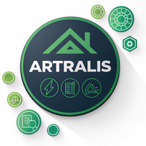 Modern and sleek logo design for Artralis. Dominated by green and dark hues. Spanish text above and below the logo. Icons for various services scattered around.