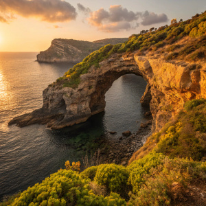Arco Dell'Elefante, a majestic natural rock arch on Pantelleria Island. Sunlit with golden hues, contrasting dark water. Background of lush greenery