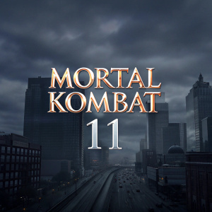 Urban landscape with the video game 'Mortal Kombat 11' prominently displayed in a striking font. Spanish subtitle underneath