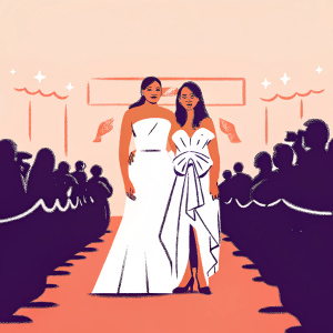 Sonam Kapoor and Rouble Nagi at the Cannes Film Festival. Both wearing stunning designer dresses. The red carpet is bustling with paparazzi and fans. The background showcases the iconic Cannes festival banners and the festival's characteristic white buildings.