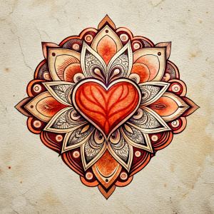 Style stickers. Symbol Heart. A Vintage retro ancient mandala. Handmade ink drawing creative ideas A vintage-inspired. displayed in pattern form.[Old body paint cracked and ivory pattern] ,black and red only, Rust stains on the body indicate its age[vintage style]. White background, No Background, vector, 8K.