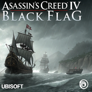 Digital concept art for Assassin's Creed IV: Black Flag. Intricate ship designs, stormy sea background, dramatic grayscale tones. Ubisoft logo at bottom