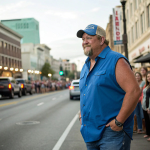 Larry the Cable Guy, a character known for his blue shirt and baseball cap, posing outdoors in a bustling street scene.