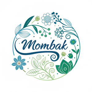 Logo for Mombak, featuring a blend of blue and green tones, with recurring floral elements. The name 'Mombak' elegantly integrated, showcasing a modern and eco-friendly aesthetic.