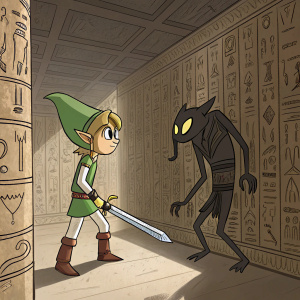 Link, from The Legend of Zelda, standing beside a mysterious, slender creature with sharp features. They are in a room adorned with intricate hieroglyphics.
