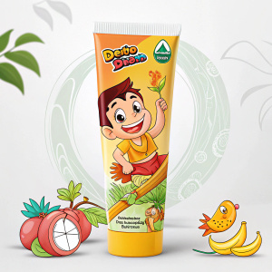 A colorful package of Dentoshine toothpaste featuring Chhota Bheem, the beloved Indian cartoon character. Mango flavor, designed for kids.