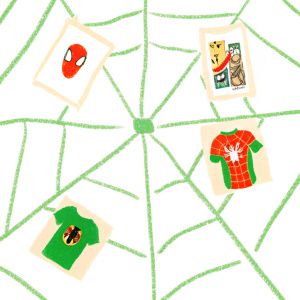A digital collage showcasing Spider-Man's iconic web pattern design. Various images of Spider-Man merchandise and posters.