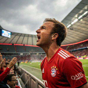 Mario Götze, looking intense, wearing a red jersey with Adidas logo. On the sidelines of a stadium, surrounded by fans.