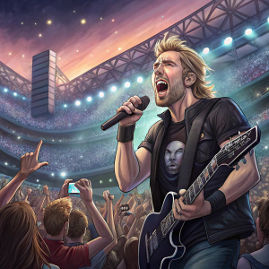 Nickelback band members, including Chad Kroeger and Daniel Adair, perform at a packed stadium. Energetic crowd cheering.