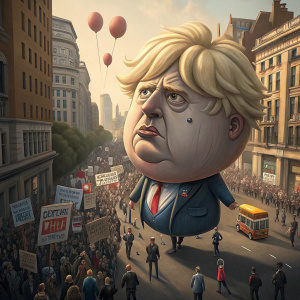 Inflatable balloon head of Boris Johnson at a bustling city protest. Crowds holding signs, street vendors in background.