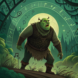 Promotional poster for Shrek the Musical. Imposing image of ogre, emerald and umber colors. Intricate details and musical theme.