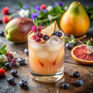 Create a photo with coctail  PEAR FLOWER UBRÓWKA/PUREE Z GRUSZKI/SYROP Z BZU/CYTRYNA/TONIK Z BZU