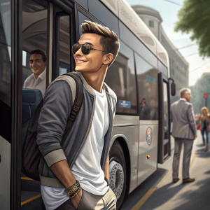 Paulo Dybala, soccer star, in sunglasses and casual outfit, posing by a sleek city bus. Dynamic outdoor setting with natural light, focus on Dybala. Gray-shirted man in background.