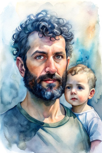 a man with a beard and short curly black buzz cut hair with his child
