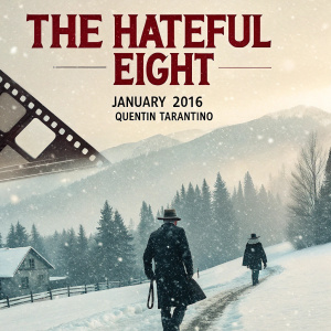 Movie poster for 'The Hateful Eight', featuring a snowy landscape with a vintage filmstrip effect. Stars in tense poses. Released January 2016, directed by Quentin Tarantino.