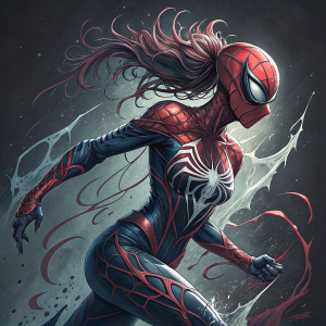 Digital illustration featuring a dynamic pose of Spider-Girl in a symbiote suit. The artwork is inspired by Marvel comics with a fluid-like tentacle design. Dark background