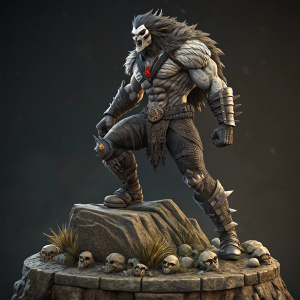Digital art piece showcasing the Lobo statue from DC Comics. Lobo stands in a fierce pose on a rocky pedestal with bone-like decorations. The screen captures the intricate details of the artwork.