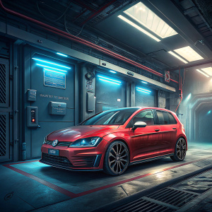 A sleek red Volkswagen Golf GTD parked in a futuristic garage. High-tech design with sharp lines and advanced features