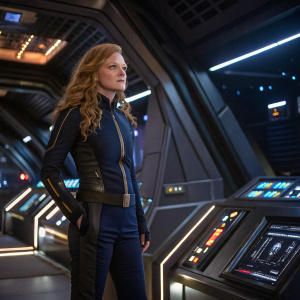 Mary Wiseman, known as Tilly, on set of Star Trek Discovery. Futuristic set with blinking lights, surrounded by high-tech equipment