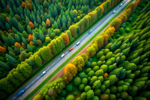 Car traffic moving on highway, aerial view. Countryside road through forest. Road trip, delivery and logistic concept