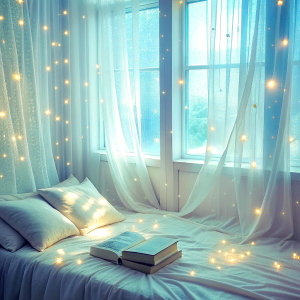 close real retro light pastel bedroom bed window curtain books  The mini Bioluminescent phenomenon ultra white glitter   Amazing light reflections shimmering light reflections
