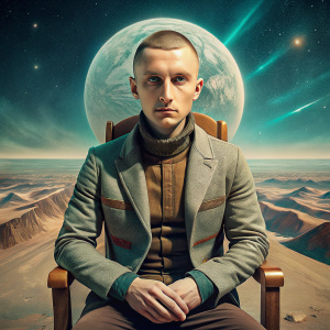 confident man 30 years old, short haircut, Russian sitting on a chair in the middle of the universe, surrealism style, high quality image photo, close-up photo, full face, cinematic, for a magazine cover, 8K, clear detail,