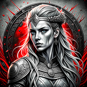 shieldmaiden perfect realistic art, high-definition, high-definition grey and black, white background 