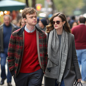 Dane DeHaan and Anna Wood walk together on a busy street. Dane in a plaid jacket and red sweater. Anna in a gray scarf and sunglasses. Crowds of people around them.