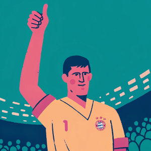 Robert Lewandowski in a dynamic pose, giving a thumbs-up. He's wearing a bright yellow jersey with Bayern Munich's emblem and Adidas logo. The background is a blurred soccer stadium crowd.