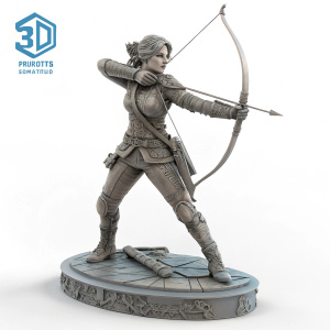 Lara Croft inspired female archer figurine. Dynamic pose, holding bow, detailed armor, posed against a clean white background. Promotional image for a 3D printing service.