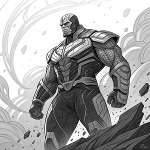 A detailed black and white illustration of Thanos from Marvel Comics. He is depicted in a powerful stance with intricate background abstract shapes creating movement and depth. The artwork is fan-made and in line art style with bold and varying line thicknesses.