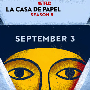 Promotional poster for La Casa de Papel Season 5. Dominant red color palette. Netflix logo prominently displayed. September 3 release date. Modern, dynamic design featuring mosaic-like representation of main characters' faces.