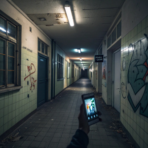 Photorealistic image of an abandoned school hallway at night. Sparse lighting from flickering fluorescent bulbs. Graffiti-covered walls. A hand holding a smartphone displaying a pixel art game.