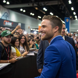 Stephen Amell, wearing a blue suit, attends the DC Comics panel. Crowded convention center with excited fans in the background.