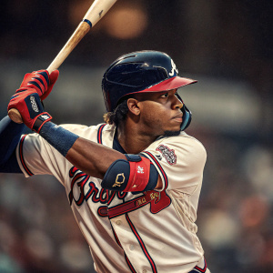 Ronald Acuña Jr., in an intense batting pose, Atlanta Braves uniform. Background blurred, capturing the essence of a live game atmosphere.