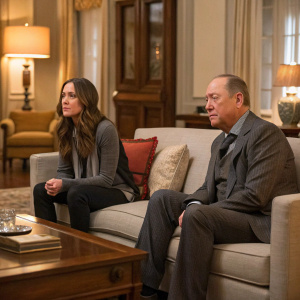 Elizabeth Keen and Raymond Reddington, from 'The Blacklist', seated in an upscale living room with wooden furniture and soft lighting. Elizabeth has long brown hair, wearing a casual yet stylish outfit. Raymond, with a balding hairline, is dressed in a sophisticated suit.
