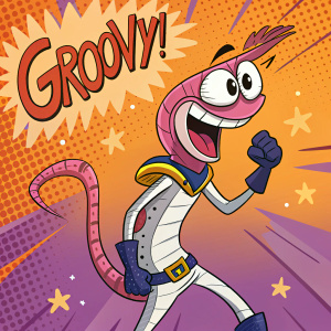Illustration of an energetic character, resembling Earthworm Jim. It features a long, curving snakelike head with a wide, toothy grin. The background is bright and filled with pop-art style elements, predominantly orange and purple. 'Groovy!' is prominently displayed.