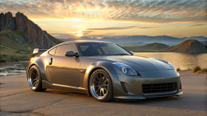 modified Nissan 350z if front of a Scottish landscape at sunset