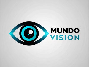 logo en forma de ojo minimalista  en   colores azul claro negro con la palabra mundo visión de forma innovadora y tecnológica con fondo blanco y letras negras