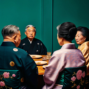Kim Jong-pil, Park Young-ok, Emperor Akihito, and Empress Michiko, dressed in traditional kimonos, attend a state dinner in Seoul.