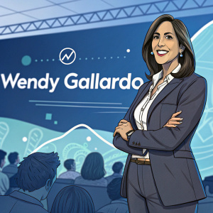 Wendy Gallardo, Hispanic woman, in a digital marketing conference. Wearing a business suit. Friendly smile. Blue screen with white text and sponsor logos in the background.
