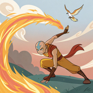 Illustration of Aang, avatar from the show 'Aang Masters Fire Bending'. Aang in an action pose, bending fire. Bird flying above. Colorful background with warm and fiery hues.