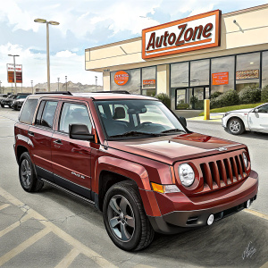 Deep red Jeep Patriot Sport parked outside AutoZone. Clear front view.