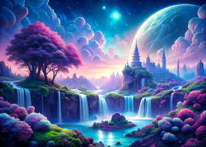 pastel colors world of dreams with waterfall