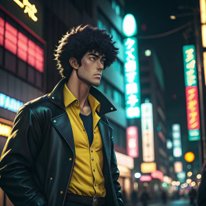 Close-up of Spike Spiegel from Cowboy Bebop. Yellow shirt with black leather jacket. Standing in front of a bustling Tokyo street. Neon lights flicker behind him.