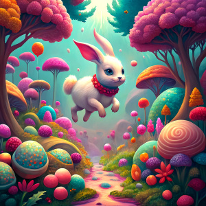 cute bunny flying through a forest full of colorful flowers and giant candy trees