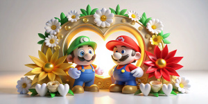 crea un hermoso escenario con mario bros y luigi 3d realistas a un lado de un marco dorado grande 3d para fotos vacío adornado con flores coloridas hermosas alrededor del marco que mario bros y luigi no tapen el marco y rosas hermosas de colores y 3 flores blancas 3d realistas al rededor con destellos de luces coloridas con estrellas en un fondo totalmente blanco y una hermosa flor blanca y un corazon hermoso en una esquina del marco
